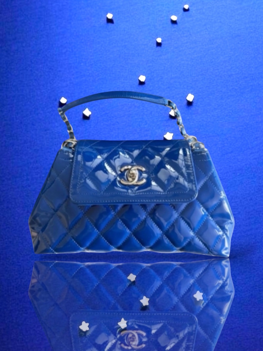 💓CHANEL Cobalt Blue Patent Leather Quilted Coco Shine Accordion Small Flap SHW